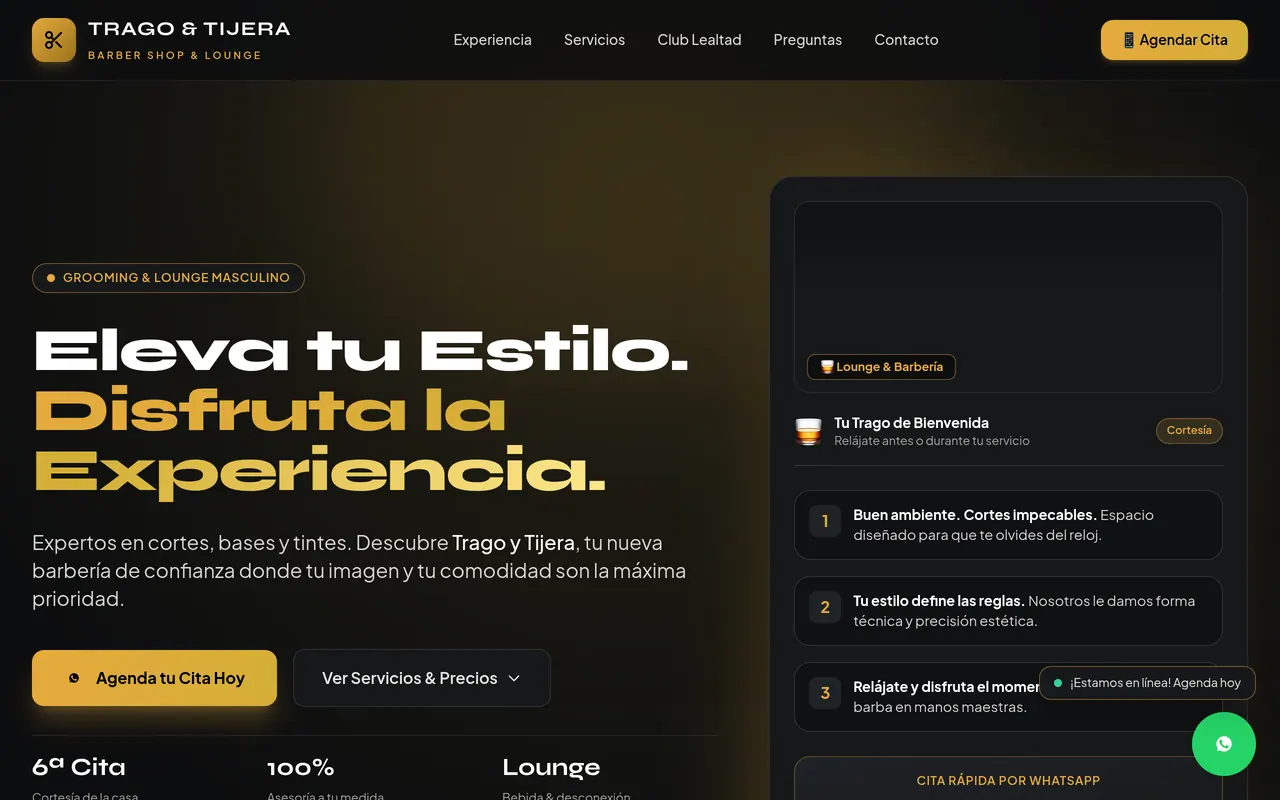 Captura del sitio web de Trago y Tijera